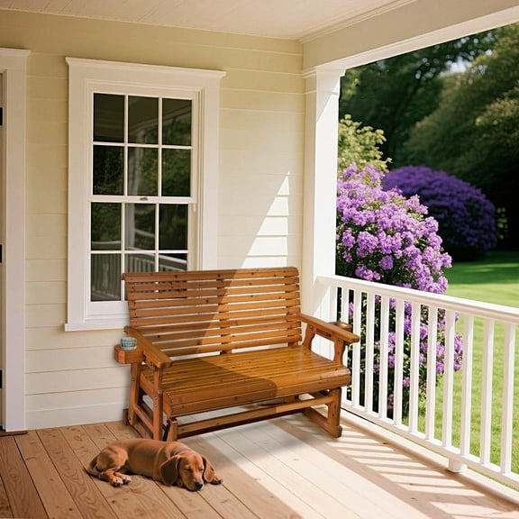 Innovaze 4.5 Ft Wood Patio Glider Bench with Cup Holders, High Back and Deep Contoured Seat, Heavy Duty 800 lbs (Teak Tone, 2-Seater)