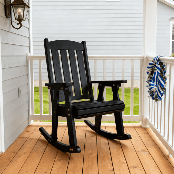 Innovaze Wooden Patio Rocking Chair, Solid Fir Wood, Heavy Duty 600LBS, for Outdoor or Indoor, Black