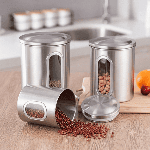 Innovaze 3-Piece Stainless Steel Sealed Canister Set for Kitchen Storage - See-Through Design for Easy Viewing (8oz, 12oz, 16oz, Silver))