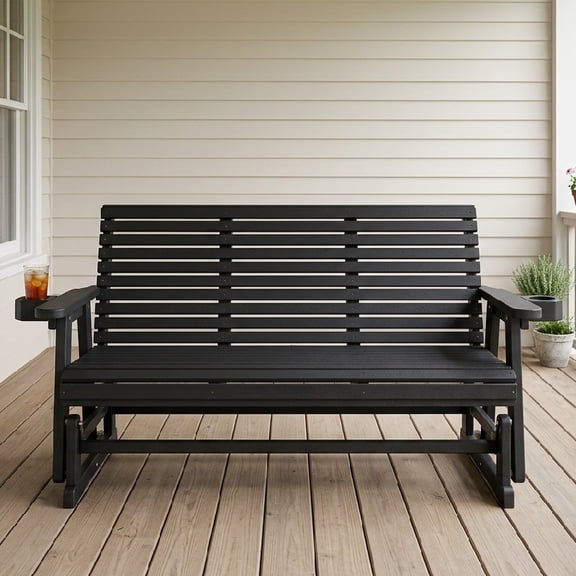 Innovaze Wooden Glider Bench with Cup Holders for 3-Person, 800 lbs Capacity, All-Weather Resistant for Outdoor Patio Porch Garden, Black