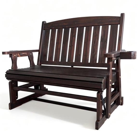 Innovaze Wooden Patio Glider Bench, with Cup Holders, High Back and Deep Contoured Seat, Solid Fir Wood, Heavy Duty 800 LBS,for Outdoor Porch (Deep Brown, 2-Seater)