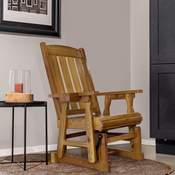 Innovaze Wooden Patio Glider with Cup Holder, High Back and Deep Contoured Seat for Porch Garden, Teak Tone