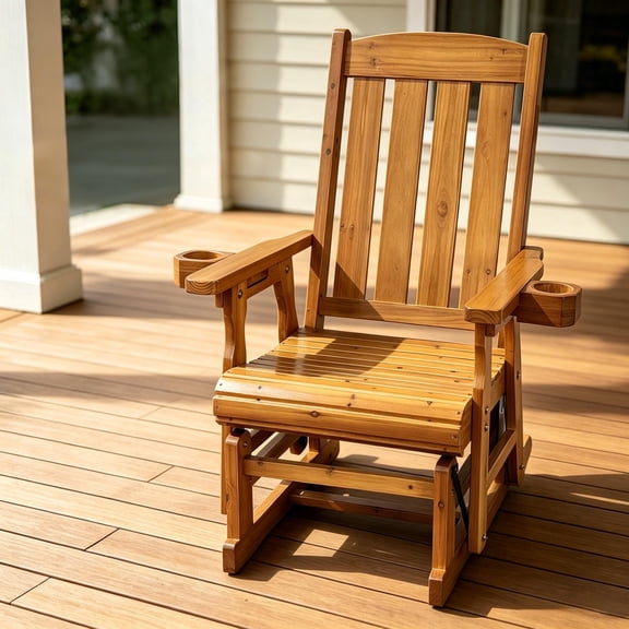 Innovaze Wooden Patio Glider with Cup Holder, High Back and Deep Contoured Seat for Porch Garden, Teak Tone