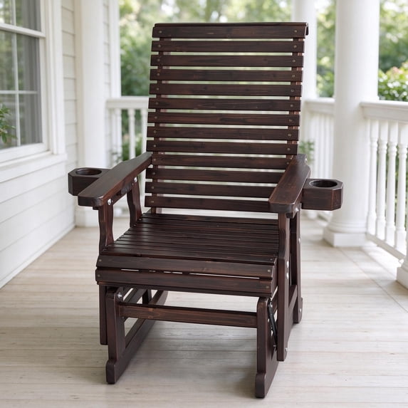 Innovaze Wooden Patio Glider for One Person with Cupholders, Heavy Duty 600 lbs, All-Weather Resistant (Deep Brown)
