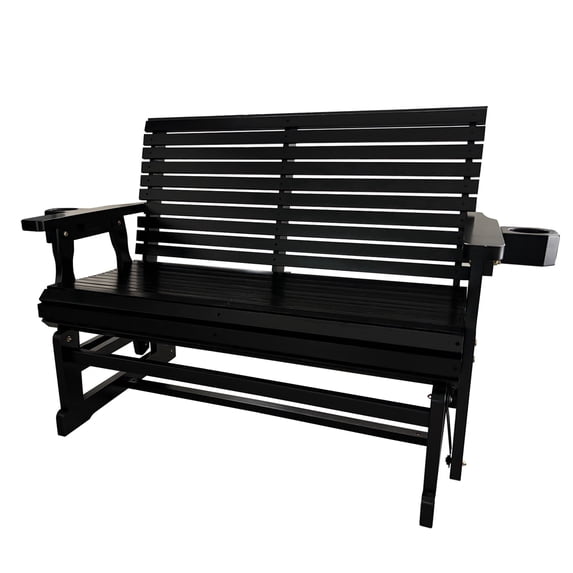 Innovaze Wooden Patio Glider with Cup Holder, High Roll Back and Deep Contoured Seat, Heavy Duty 800 LBS, (2-Seater, Black)