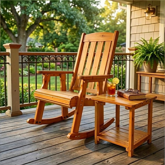 Innovaze Wooden Patio Rocking Chair with Side Table, Heavy Duty 600LBS, for Outdoor Patio, Porch, Garden, Teak Tone