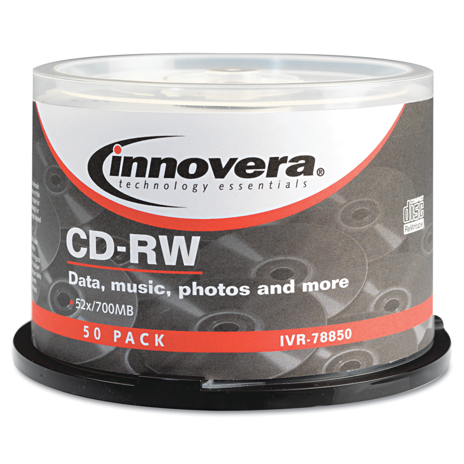 Innovera CD-RW Discs, Rewritable, 700MB/80min, 12x, Spindle, Silver, 50/Pack (78850) - image 1 of 3