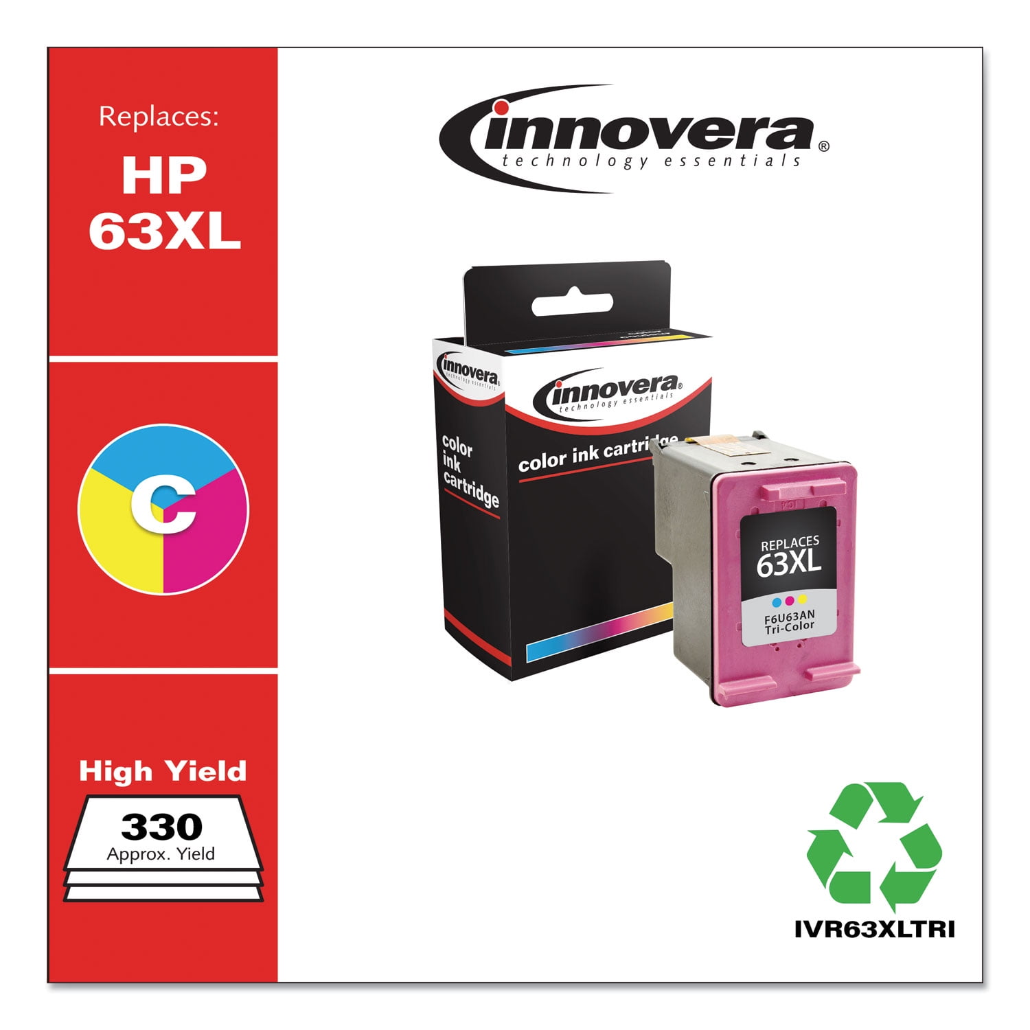Remanufactured Innovera IVR63XLTRI 330 Page-Yield High-Yield Ink Replacement for 63XL (F6U63AN) - Tri-Color
