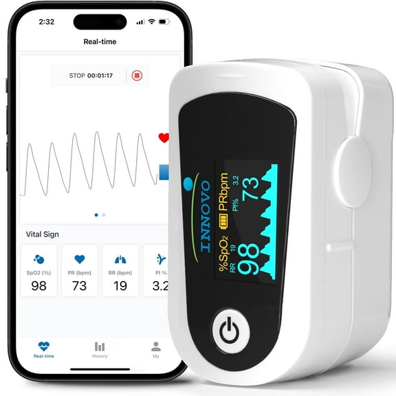 Innovo iP900BP-B Bluetooth Fingertip Pulse Oximeter, Blood Oxygen Monitor with Free App, Plethysmograph, and Perfusion Index (Snowy White)