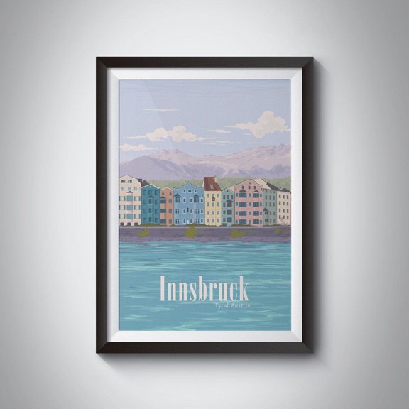 Innsbruck Austria Tyrol Mountains Inn River Retro Decor, Unframed Paper Poster 8x10in