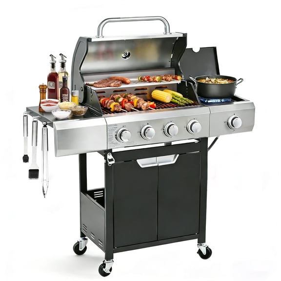 Inntech 4 Burner Propane Gas Grill with Side Burner, 51000 BTU Cast Iron BBQ Grill with Griddle Cover, Pullout Oil Drip Tray for Outdoor Cooking, Garden, Backyard and Patio Barbecue