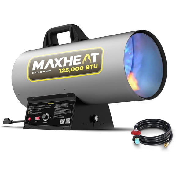 InoKraft Maxheat MH125 125,000 BTU Forced Air Propane Heater, Auto 25-95F On/OFF Control, Portable Garage/Shop Heater for Garages, Job Sites - 10ft Hose