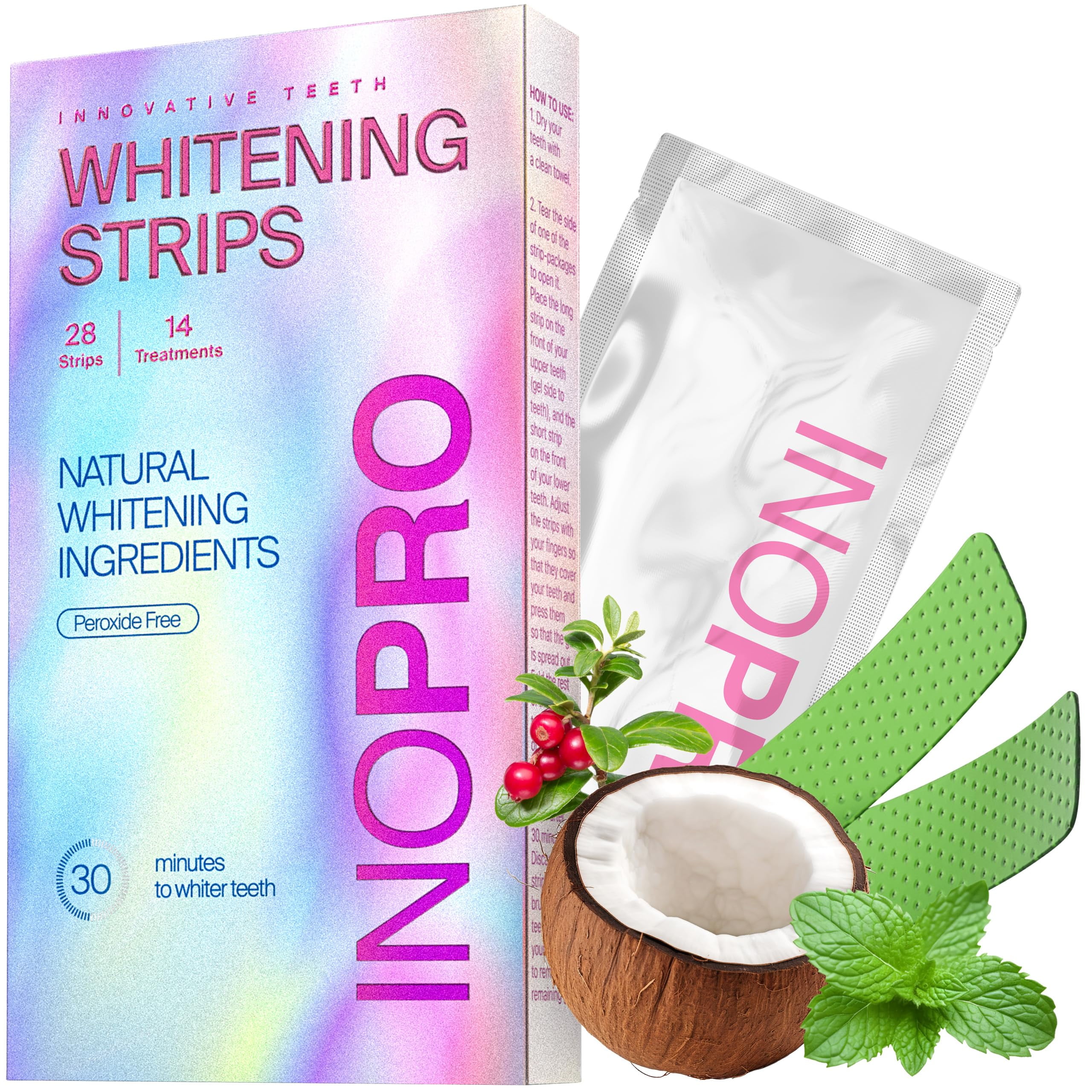 InoPro Teeth Whitening Strips MSF214 Treatments Kit - Teeth Whitener, Peroxide Free, Enamel Safe Green White Strips, Deep Stains Removal - Instant Teeth Whitening Without The Harm (28 Strips)