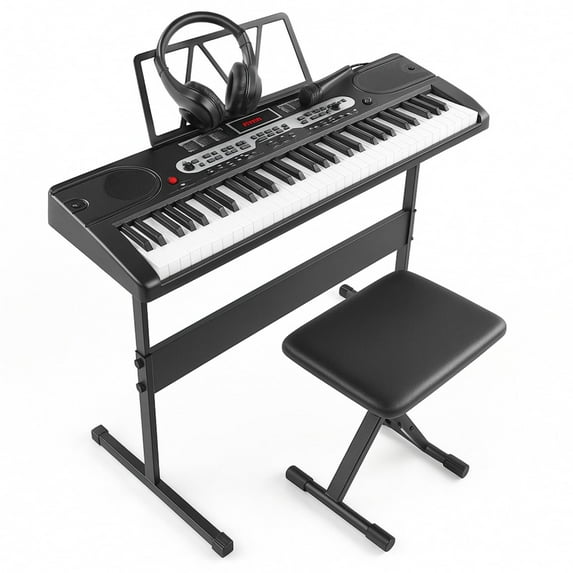 Furnibear 61-Key Piano Keyboard with Lighted Keys, Stand, Bench, Microphone, Headphone, Electronic Keyboard Piano Set, Black