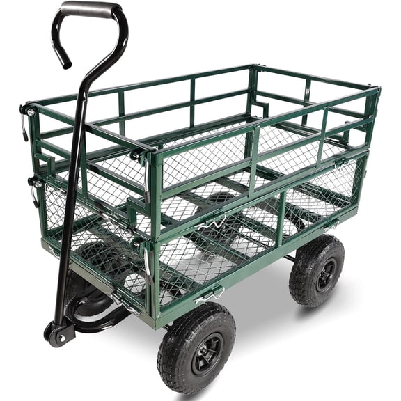 Biotree Heavy Duty Steel Garden Cart 1500lbs Capacity, 6.35 cu ft, 40.55" x 27.56" Folding Utility Wagon with Double-Layer Removable Side, Green