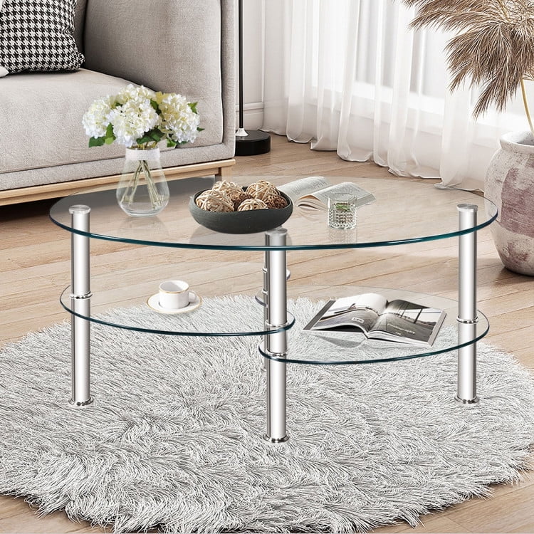 Inolait Oval Glass Coffee Table with Storage Side Shelf and Metal Legs