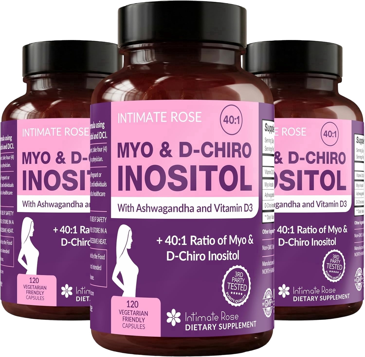 Intimate Rose Myo-Inositol and D-Chiro Inositol Supplement for Women, 40:1 Blend with Vitamin D3 and Ashwagandha, 360 Vegan Capsules (Pack of 3)