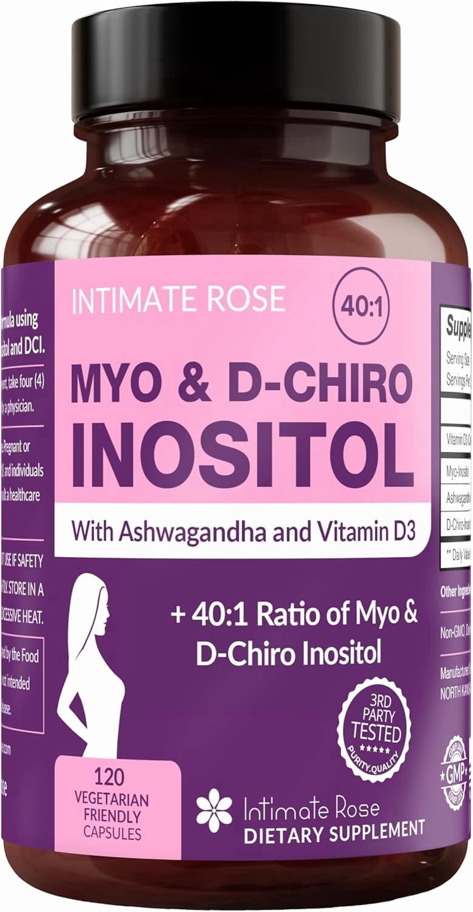Intimate Rose Myo-Inositol and D-Chiro Inositol Supplement for Women, 40:1 Blend with Vitamin D3 and Ashwagandha, 120 Vegan Capsules