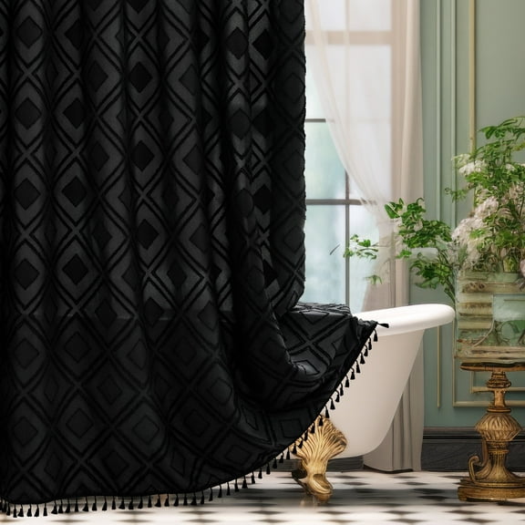 Inosoo Black Bohemian Shower Curtain, 72"W x 78"L Water-repellent Textured Tufted Chevron Striped Bathroom Shower Curtains with Tassels