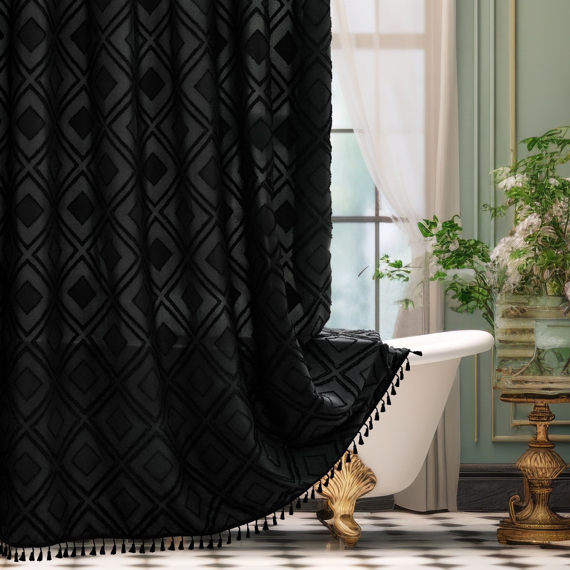 Inosoo Black Bohemian Shower Curtain, 72 x 84 Inch Extra Long Water-repellent Textured Tufted Chevron Striped Bathroom Shower Curtains with Tassels