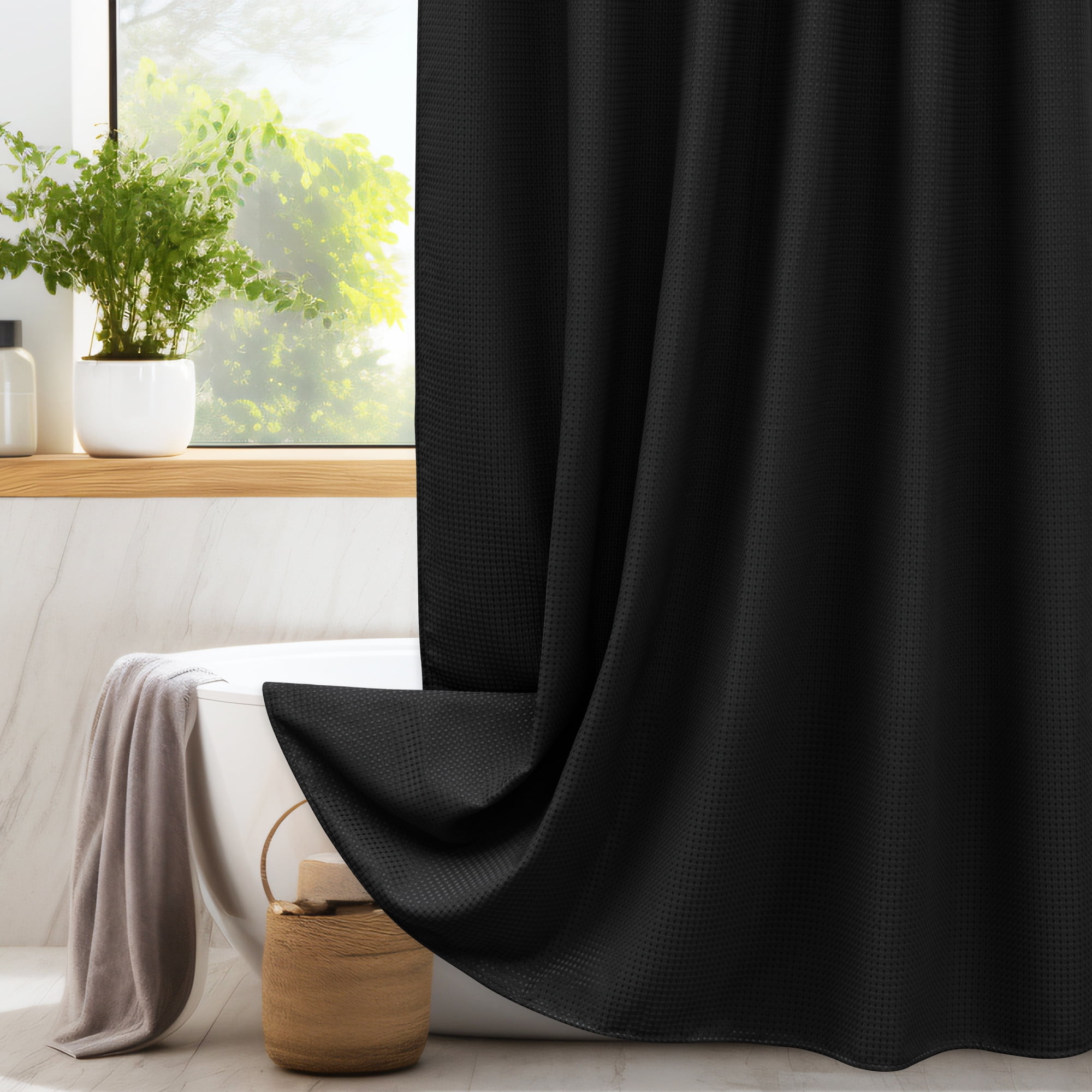 Inosoo Black Waffle Textured Fabric Shower Curtain, 72"x72" Heavy Duty ...
