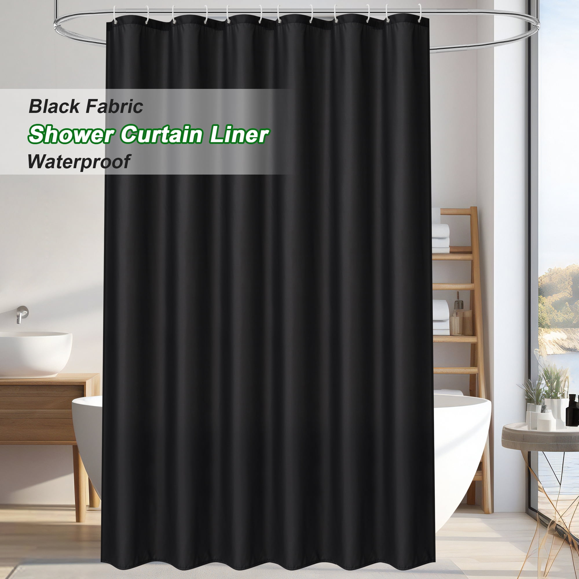 Inosoo Black Fabric Shower Curtain Liner, 72"x72" Waterproof Polyester Cloth Shower Liner with Hooks(图1)