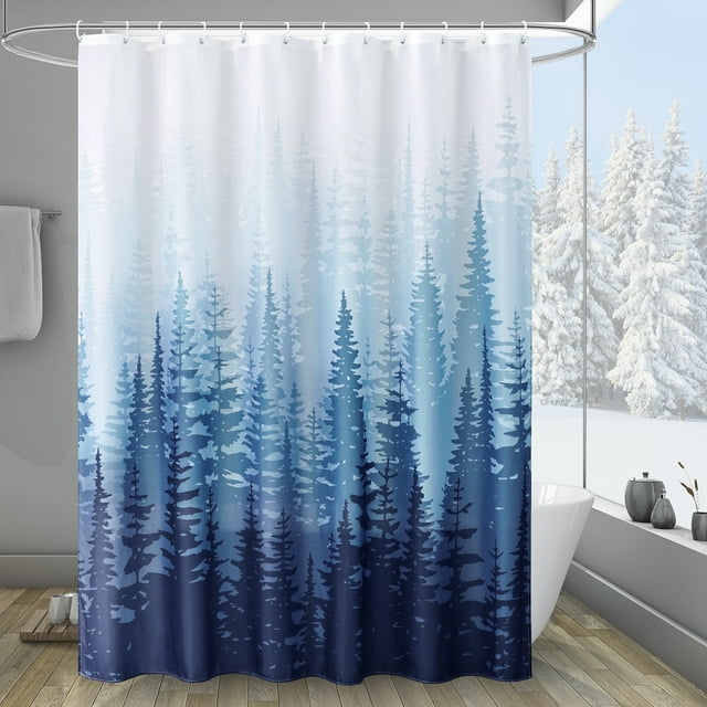 Inosoo Blue Forest Fabric Shower Curtain, 72"x 72" Nature Tree Mountain Woodland Decorative Bathroom Shower Curtain with Hooks, Water Resistant