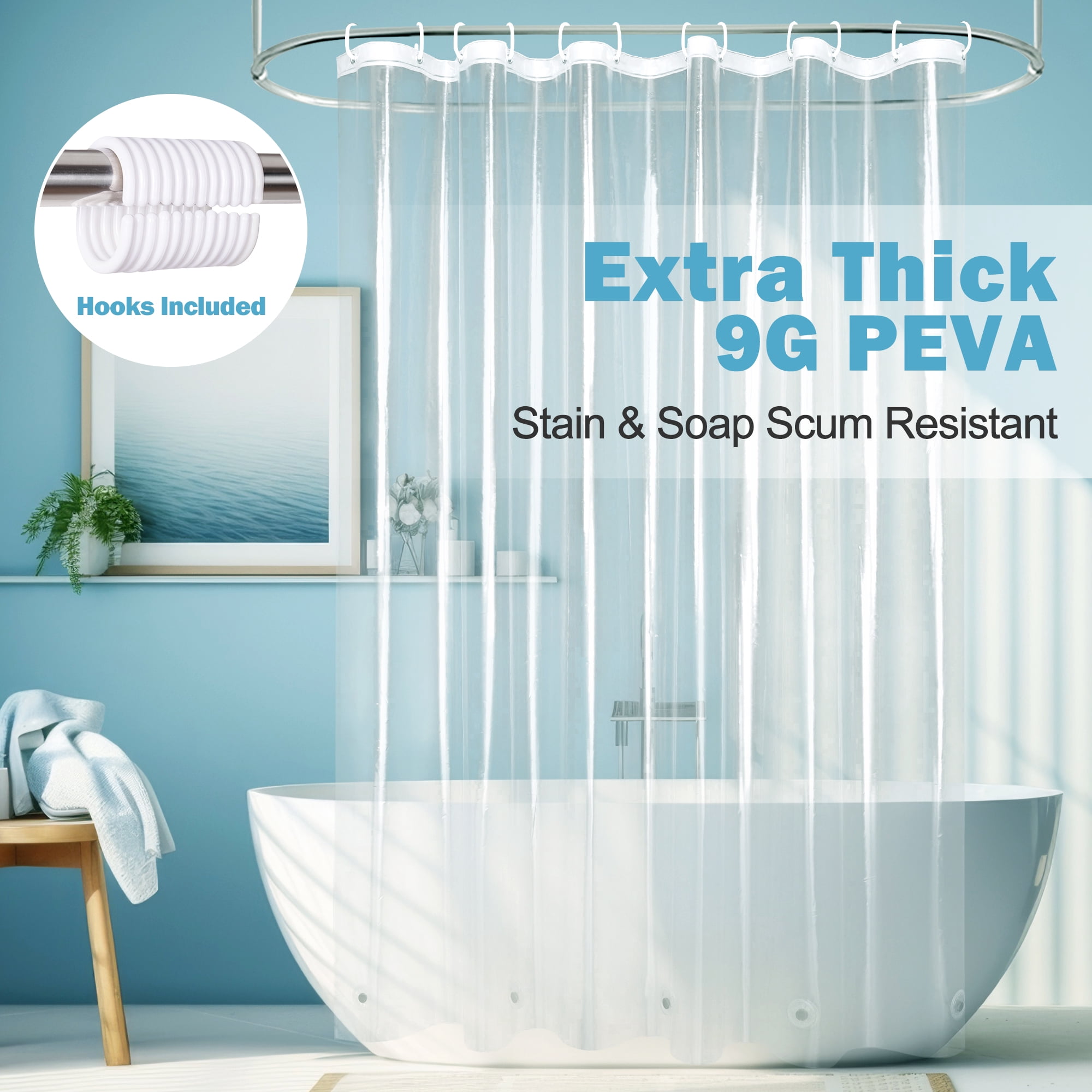 Inosoo Clear Shower Curtain Liner,72"x72" Heavy Weight 9G PEVA Plastic Shower Liner, Waterproof