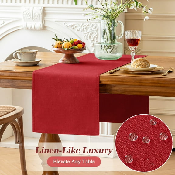 Inosoo Dining Holiday Table Runner - 13*72 Inch Linen-Like Waterproof Easy Clean Premium Polyester Table Scarf for Home Kitchen Party Décor, Burgundy Red