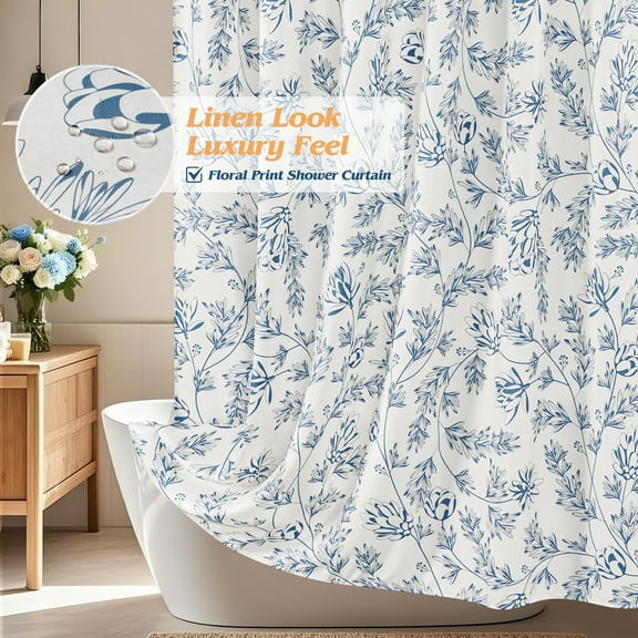 Inosoo Elegant Blue Floral Print Linen - Look Shower Curtain, Thick & Soft Faux Linen Cloth Bathroom Curtain, 72" W x 72" L