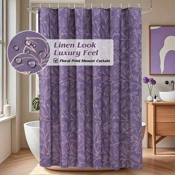 Inosoo Elegant Purple Floral Print Linen - Look Shower Curtain with Light Pink Flower, Thick & Soft Faux Linen Cloth Bathroom Curtain, 72" W x 72" L
