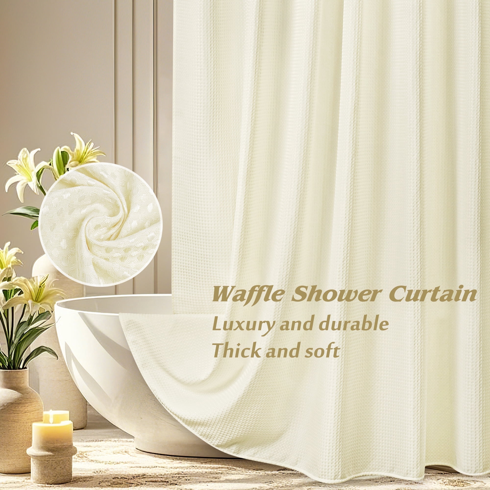 Inosoo Fabric Shower Curtain, 72"x72" Heavy Duty Waffle Textured Cloth Curtains for Bathroom, Luxury Weighted Polyester Bath Curtain for Hotel, Ivory