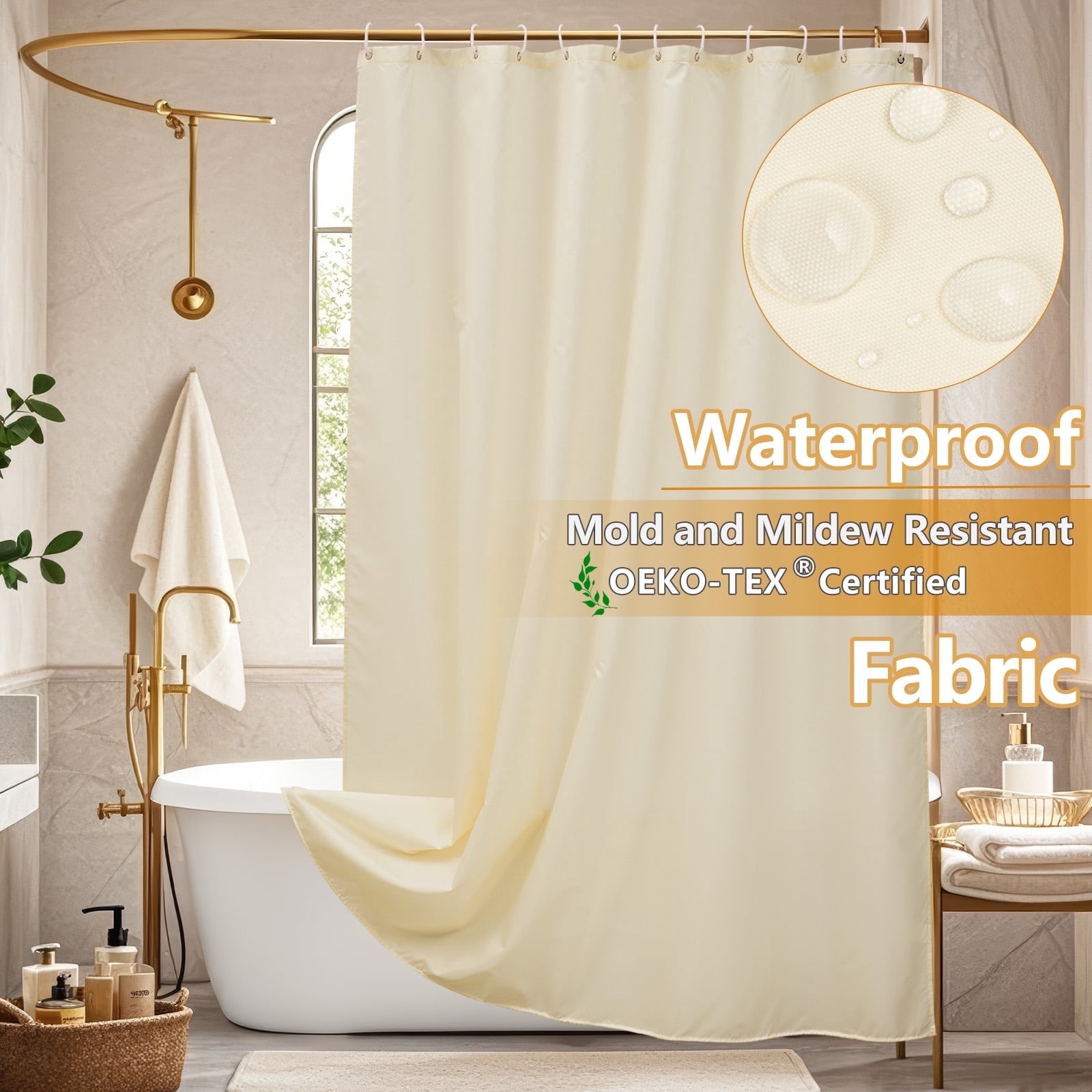 Inosoo Fabric Shower Curtain Liner, 72"W x 84"H Waterproof Shower Liner with Hooks, Extra Long Cloth Shower Curtain, Mildew Resistant & Machine Washable, Beige