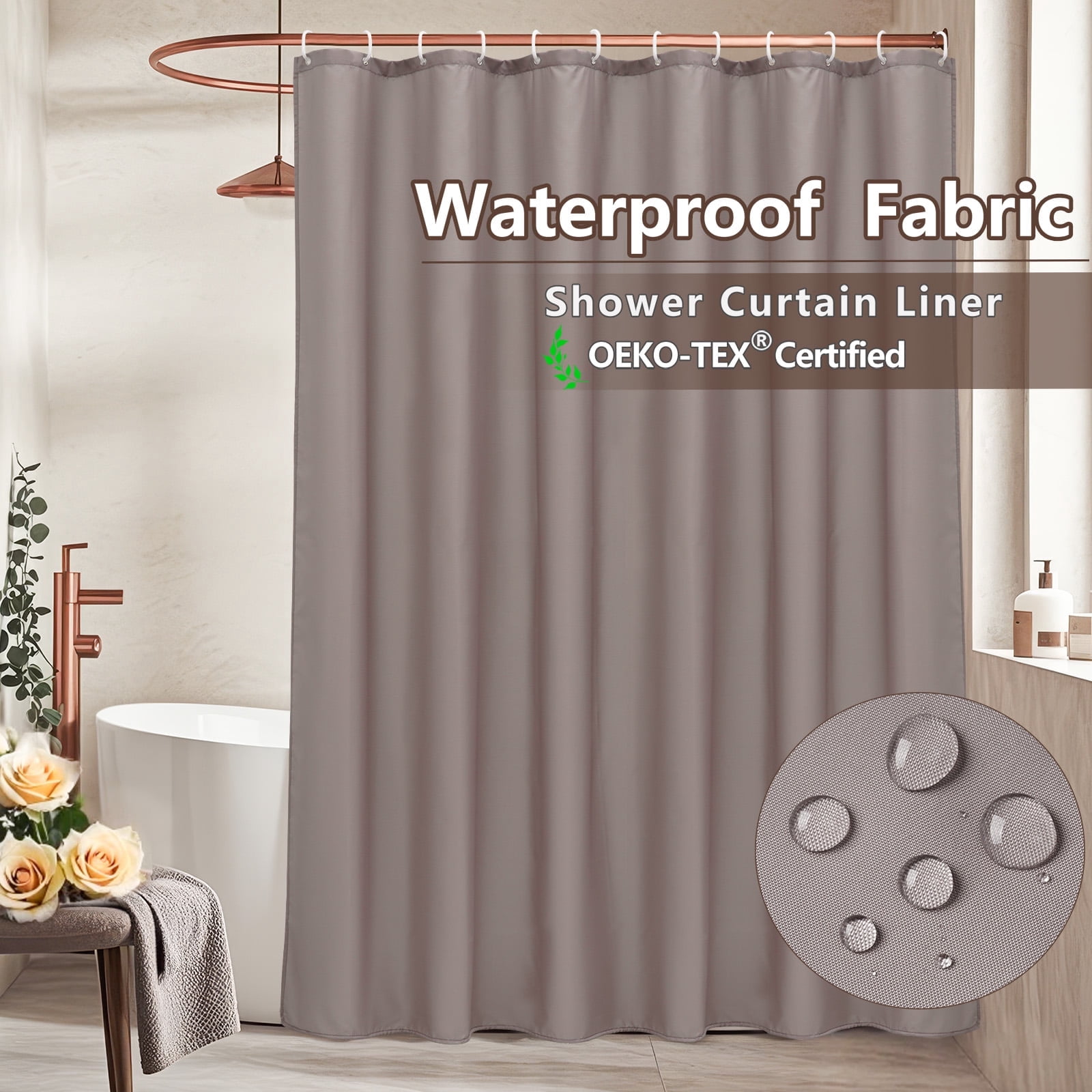 Inosoo Fabric Shower Curtain Liner, 72"W x 84"H Waterproof Shower Liner with Hooks, Extra Long Cloth Shower Curtain, Mildew Resistant & Machine Washable, Chocolate Brown