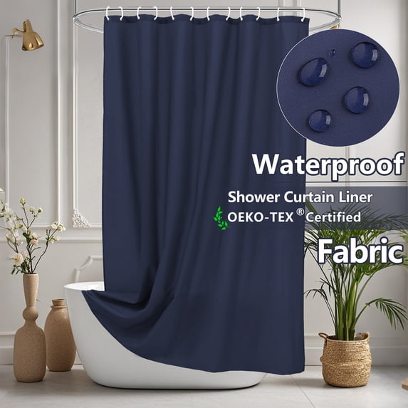 Inosoo Fabric Shower Curtain Liner, 72"W x 84"H Waterproof Shower Liner with Hooks, Extra Long Cloth Shower Curtain, Machine Washable, Navy Blue