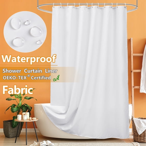 Inosoo Fabric Shower Curtain Liner, 72"W x 84"H Waterproof Shower Liner with Hooks, Extra Long Cloth Shower Curtain, Machine Washable, White