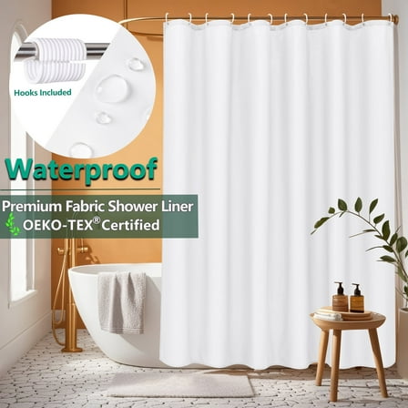 Inosoo Fabric Shower Curtain Liner, 72"W x 84"H Waterproof Shower Liner with Hooks, Extra Long Cloth Shower Curtain, Mildew Resistant & Machine Washable, White