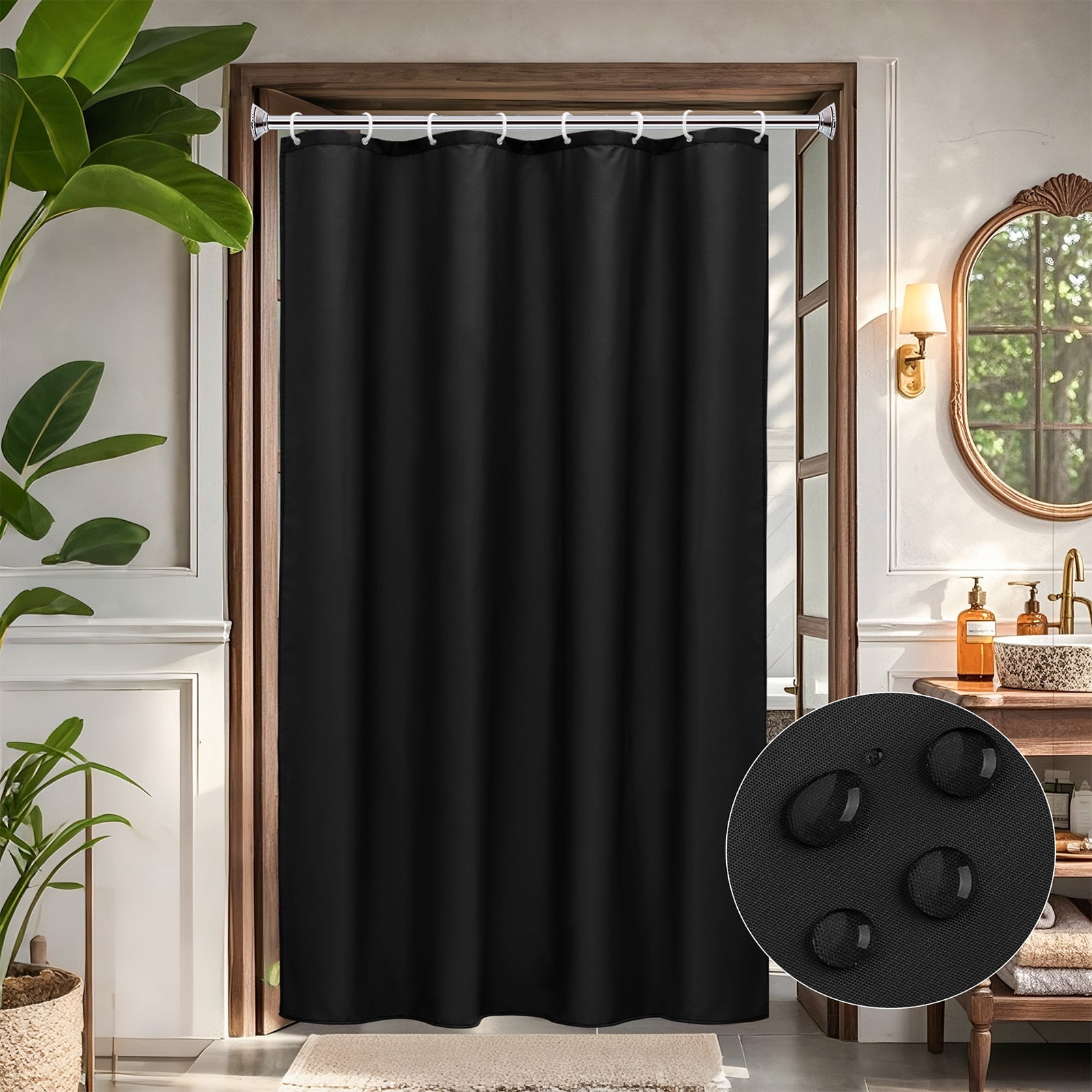Inosoo Fabric Stall Shower Curtain, 48"Wx72"H Narrow Size Waterproof Polyester Cloth Shower Liner with Hooks, Black