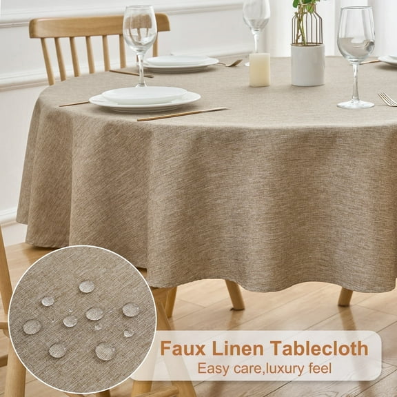 Inosoo Faux Linen Fabric Round Tablecloth, 48 Inch Stain and Wrinkle Resistant Washable Cloth Table Cover, Mocha