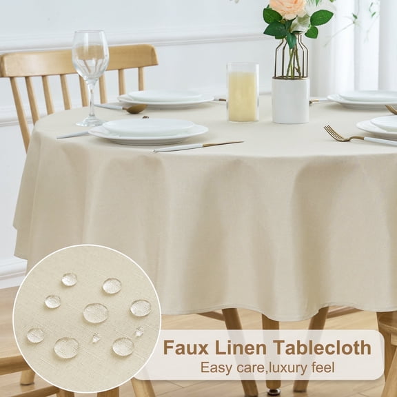 Inosoo Faux Linen Fabric Tablecloth, 48 Inch Round Stain and Wrinkle Resistant Washable Cloth Table Cover, Khaki