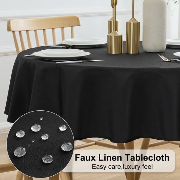Inosoo Faux Linen Fabric Round Tablecloth, 48 Inch Stain and Wrinkle Resistant Washable Cloth Table Cover, Black