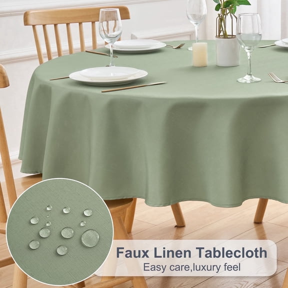 Inosoo Faux Linen Fabric Round Tablecloth, 48 Inch Stain and Wrinkle Resistant Washable Cloth Table Cover, Sage Green