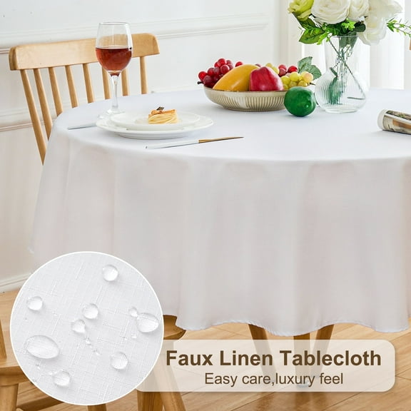 Inosoo Faux Linen Fabric Round Tablecloth, 48 Inch Stain and Wrinkle Resistant Washable Cloth Table Cover, White