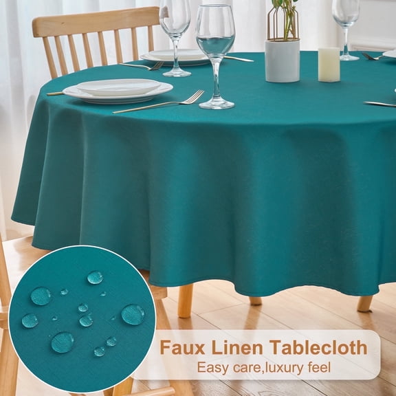 Inosoo Faux Linen Fabric Round Tablecloth, 60 Inch Stain and Wrinkle Resistant Washable Cloth Table Cover, Blue