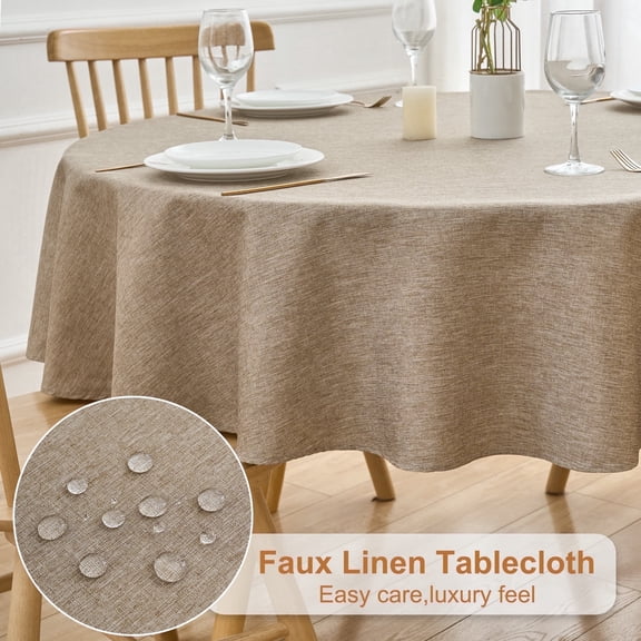 Inosoo Faux Linen Fabric Round Tablecloth, 60 Inch Stain and Wrinkle Resistant Washable Cloth Table Cover, Mocha