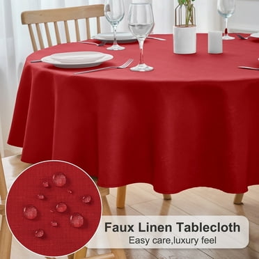 Inosoo Faux Linen Fabric Round Tablecloth, 60 Inch Stain and Wrinkle Resistant Washable Cloth Table Cover, Red
