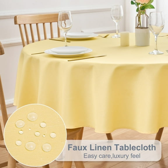 Inosoo Faux Linen Fabric Round Tablecloth, 60 Inch Stain and Wrinkle Resistant Washable Cloth Table Cover, Yellow