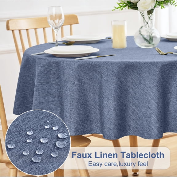 Inosoo Faux Linen Fabric Tablecloth, 48 inch Round Linen Textured Waterproof & Machine Washable Cloth Table Cover, Denim Blue