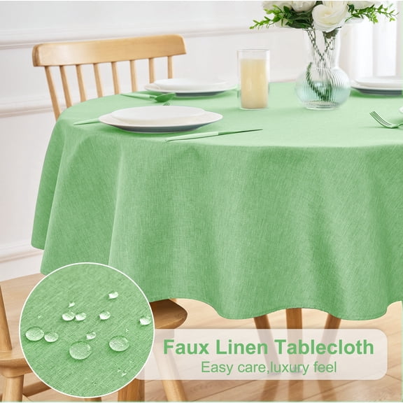 Inosoo Faux Linen Fabric Tablecloth, 60 inch Round Linen Textured Waterproof & Machine Washable Cloth Table Cover, Grass Green