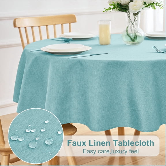 Inosoo Faux Linen Fabric Tablecloth, 60 inch Round Linen Textured Waterproof & Machine Washable Cloth Table Cover, Light Blue